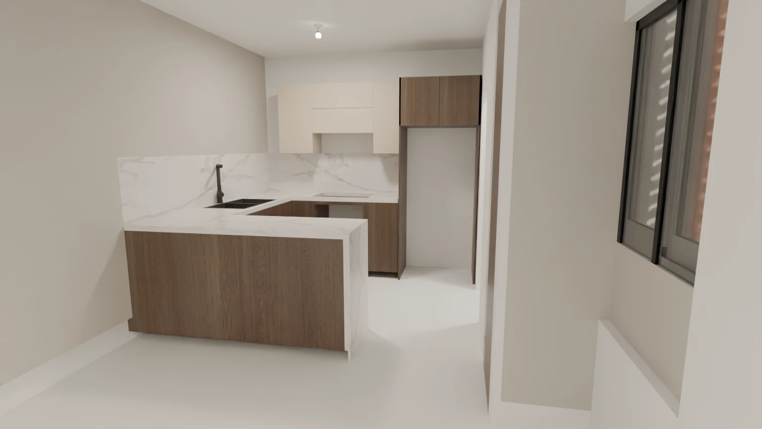 Cocina de entrega: gabinetes en dos tonos, bajos de madera clara y altos crema; tope y backsplash Silestone con cascada solo en el extremo corto, unida a inglete de 45°; espacios vacíos para nevera, tope de cocción, horno y extractor, y un bombillo en el punto de luz.